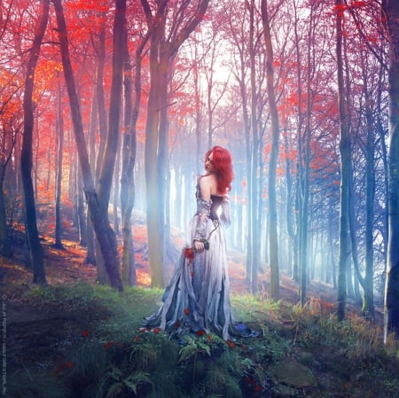 Chrysalis Heart - trees, heart, redhead, woman, wood, scenary, landscape