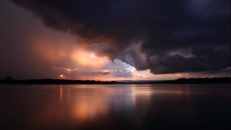 low storm clouds over a lake - lake, storm, clouds, dark, sunset