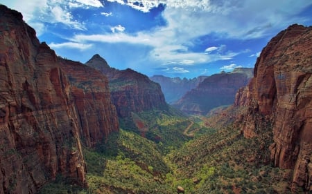 magnificent canyon in zion national park - clouds, road, bushes, cliffs, canyon