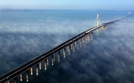 glorious jiaozhou bay bridge in fog - fog, bridge, bay, long