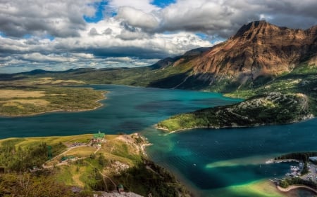 beautiful connecting lakes - lakes, mountains, lodge, clouds