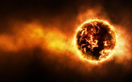 Molten Earth - sky, burning, sun, fire world, molten earth, fire, planet, fire planet, flames, molten planet, space, sphere, solar, early earth, star, flare, fiery earth