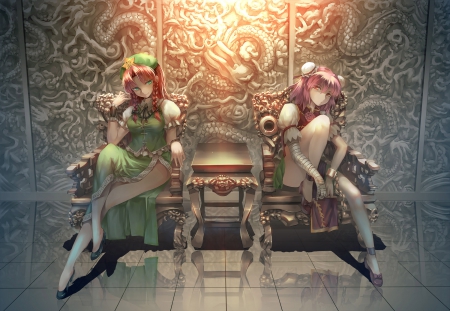 Ibara & Hong - skirt, bandage, chain, braids, long hair, pink hair, red hair, red eyes, ibara kasen, touhou, green eyes, anime, hong meiling, dragon, friends