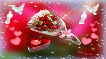 ~*~ Happy Valentine's Day ~*~ - romantic valentine, doves, hearts, red roses bouquet, happy valentines day, kendle, red rose