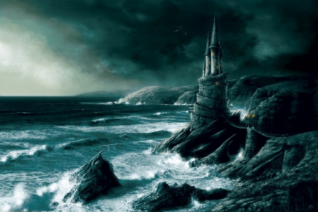 Castle By The Sea - fantasy, sea, castle, rocks