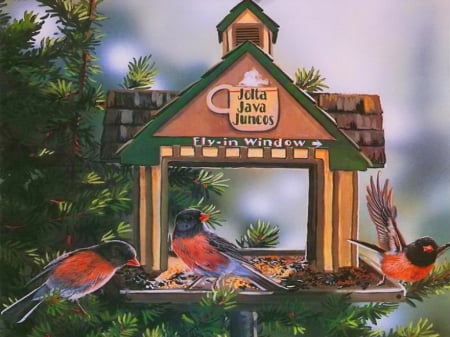 Happy bird life - house, bird, beautiful, window, happy, life, tree, birdhouse, fly, painting, cute, friends, art