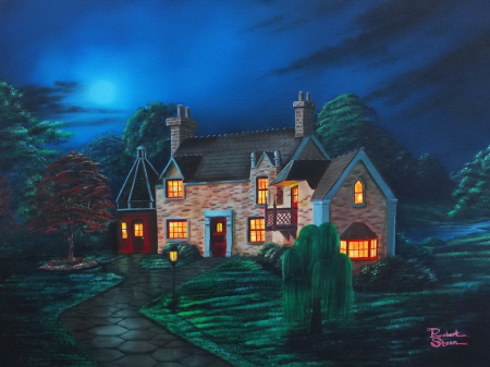 Moonlight villa - pretty, summer, spring, alleys, home, villa, twilight, yard, nice, art, cottage, sky, house, greenery, moon, beautiful, lovely, tree, moonlight, village, lights, painting, dusk