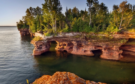 gorgeous caves and crevices in seacoast - crevices, caves, trees, sea, coast