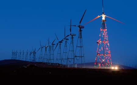 christmas at a windmill farm - windmills, lights, turbines, night, christmas