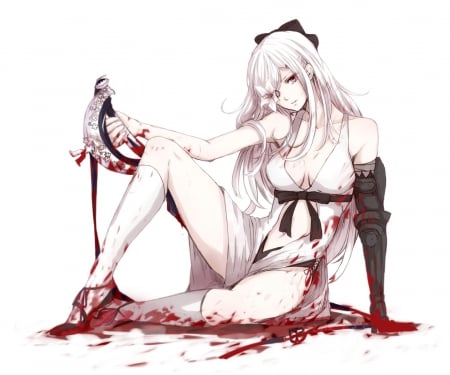 Drag-on Dragoon - pretty, blood, anime, female, dress, long hair, white hair, weapon, nice, anime girl, game, beautiful, drag on dragoon, sword, beauty, flower, red eyes, fantasy, sexy