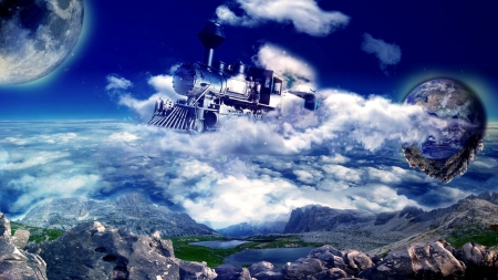 Sky Train - locomotive, artwork, landscape, clouds