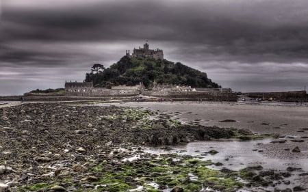 wonderful st. michael's mount hdr - clouds, ebb tide, hdr, moss, sea, mount