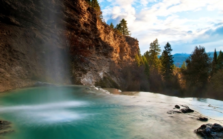 wonderful cliff waterfall - popular, trees, cliff, waterfalls, wallpaper, mountains, waterfall, rocks, nature, pool