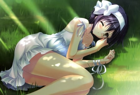 ✿~Relaxing~✿ - Cute, Sweet, Lovely, Anime, Greenery, White clothes, Blush, White Ribbon, Wink, Short hair, Beautiful, Black Hair, Girl, Grass, White dress, Wonderful, Adorable