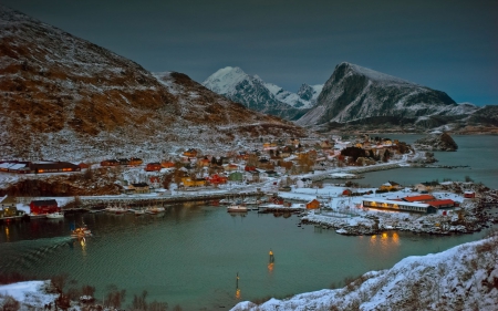 lovely norwegian town at dusk - boats, town, winter, inlet, mountains, dusk