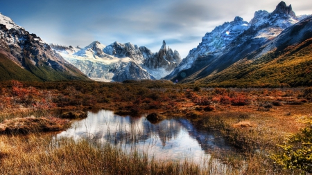 fantastic mountain landscape hdr - valley, autumn, mountains, hdr, pond