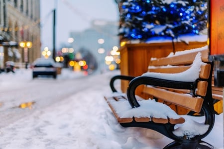 Winter - bokeh, cars, winter, snowy, splendor, road, snow, winter time, nature, bench