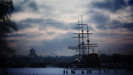 tall sail ship docked in st. petersburg in winter - winter, sail ship, sailboat, gray, harbor, city