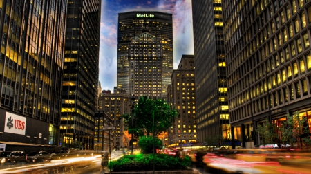 park avenue in manhattan hdr - street, median, evening, city, hdr, skyscrapers, lights