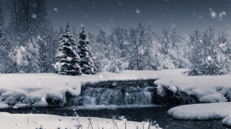 beautiful winter river scene - forest, winter, river, snow shower, falls