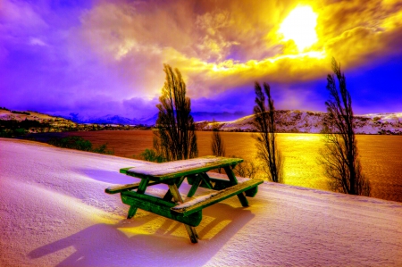 GOLDEN LIGHT of WINTER - winter, bench, lake, snow