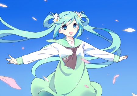 I'm So Happy!!! - vocaloid, anime, blue hair, ponytails, hatsune miku, long hair, petals, blue eyes