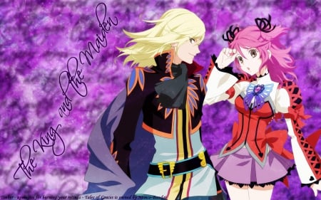 The King & the Maiden - pretty, brown eyes, anime, Richard, Cheria Barnes, cape, blonde, tales of graces, colorful, handsome, prince, couple, pink hair, video game