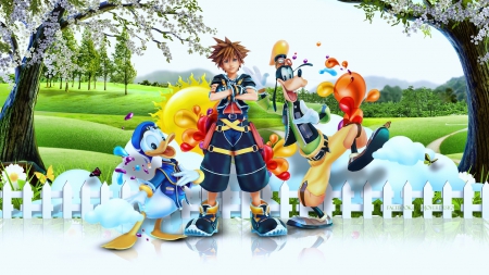 Kingdom Hearts 3 - sora, kingdom hearts 3, video game, colorful, square enix, heroes, goofy, disney, friends, donald duck