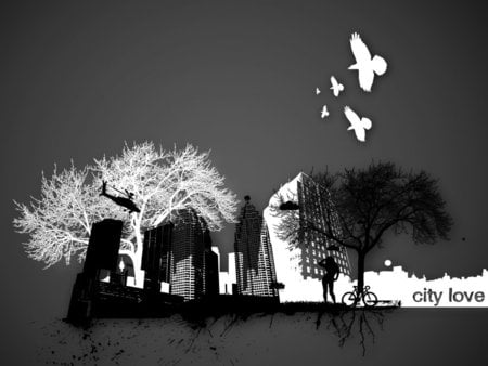 City Love Birds in Black and White - vector, silhouette, trees, female, black and white, buildings, skyscrapers, art, helicopter, figure, birds