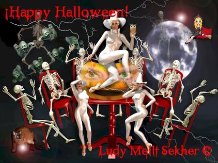 Happy Holloween Night of the Witches - moon, eyes, ghosts, females, full moon, broom, skeletons, party, owl, witches, lightning