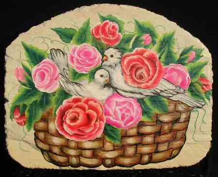 Love Birds - roses, basket, birds, pair, art