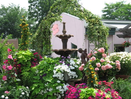 Garden Flowers - fountain, flowers, house, garden