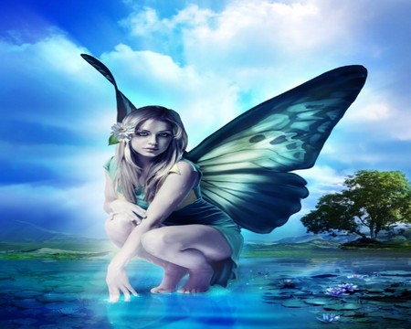 FAIRY - lotus, trees, fantasy, pond, fairy