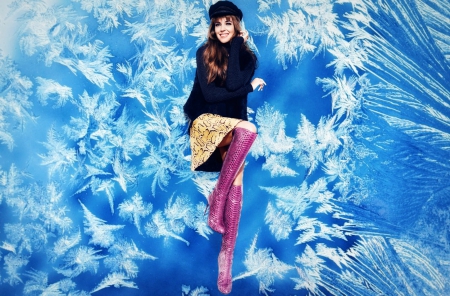 Clara Alonso - hat, stiletto, winter, by cehenot, blue, boots, girl, pink, ice, frosting, woman, model, Clara Alonso