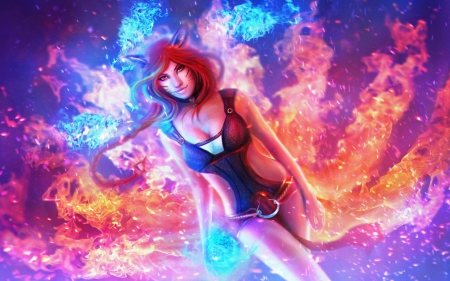 Ahri - game, league of legends, blue, girl, pink, ahri, fantasy, redhead, red, woman, LoL