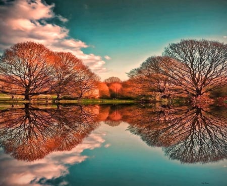 Reflected beauty - reflections, sky, lake, trees