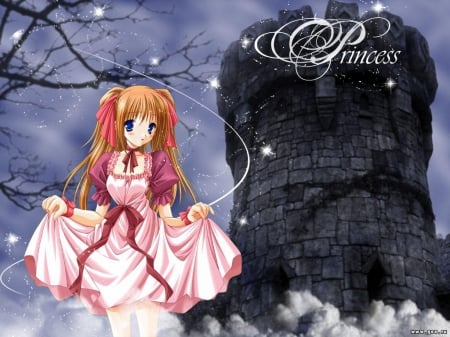 Anime - anime, tower, dress, princess, sparkles, magical, blue eyes