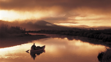 canoeing down a river at dawn - dawn, river, fisherman, fog, mountains, canoe