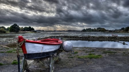 boat on sawhorses at ebb tide hdr - sawhorses, ebb tide, shore, hdr, boat