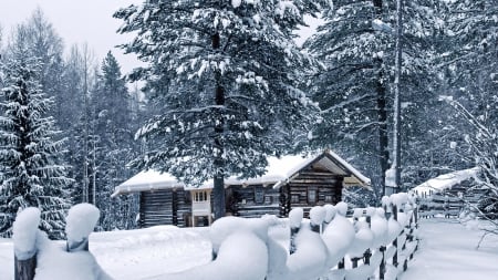 log house in winter - fence, forest, logs, winter, house