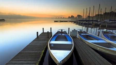 boats docked on a foggy lake at dawn - boats, dawn, docks, fog, lake