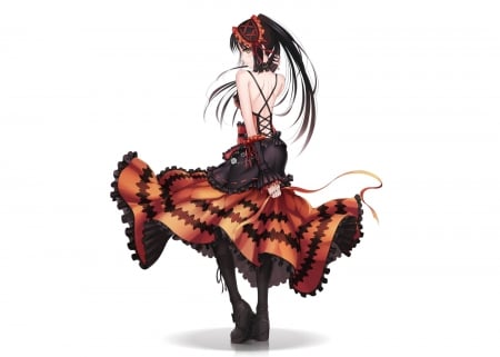 Tokisaki Kurumi - yellow eyes, choker, anime, ponytail, boots, dress, gothic, tokisaki kurumi, lolita fashion, black hair, headdress, date a live, ribbons