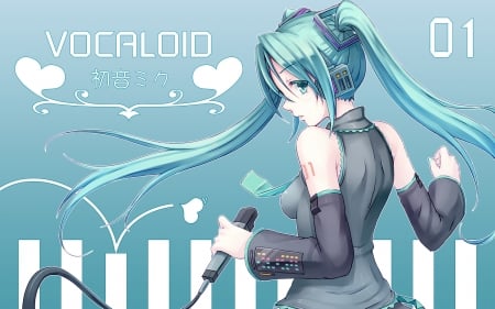 Vocaloid 01 - tie, anime, vocaloid, hatsune miku, microphone, headphones, blue hair, ponytails, blue eyes