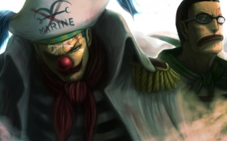 Buggy & Mr. 2 - Leader Of Pirate Dispatch Organization, Manga, The Star Clown, Whitebeard War, Battle Of Marineford, Former Baroque Works Member, Anime, Roger Pirates Apprentice, Bara Bara No Mi, The Clown, Marine Hat, Captain, Galdino, Shichibukai, Red Nose, Marine Coat, Devil Fruit Users, Buggy And Alvida Alliance, Buggy, One Piece, Marineford, Doru Doru No Mi, Pirate, Mr 2