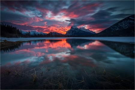 Mount Rundle - sky, mountain, reflection, sunset, colors