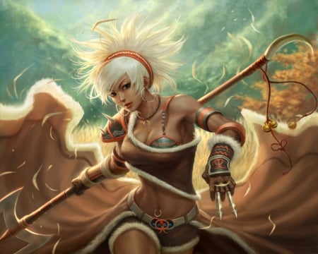 Female Warrior - female, blades, blond, cape, speer