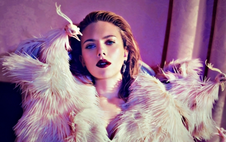 Scarlett Johansson - bird, girl, weird, feather, pink, actress, Scarlett Johansson, purple, woman