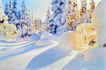 Winter Art - landscape, shadows, artwork, trees, snow, sunshine