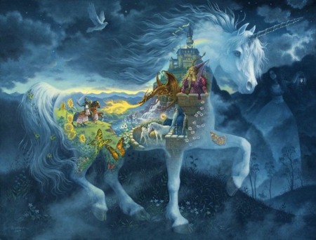 Transparent Horse - white, mystery, landscape, dragon, flowers, shining, butterflies