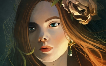 Katarina - fantasy, redhead, parkyr, girl, portrait, rose, face, art